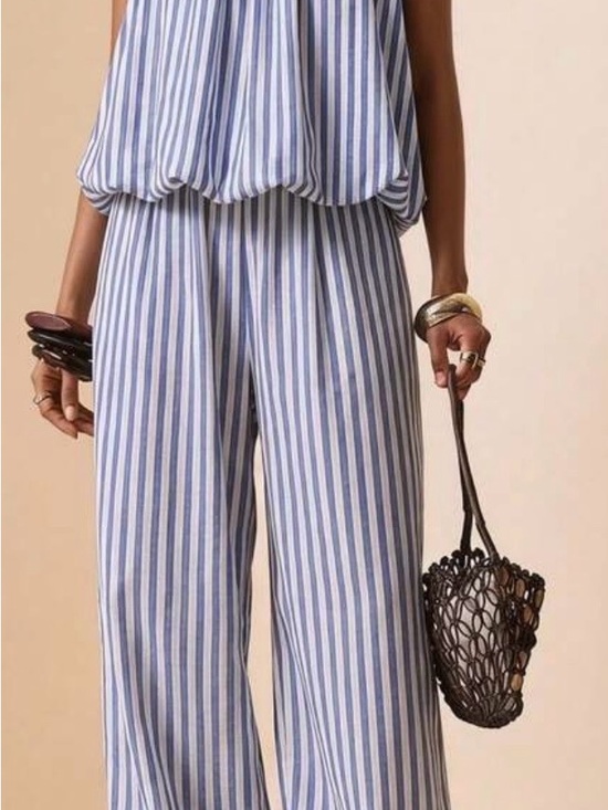 SHEIN Pants - SHEIN Blue and White Striped Wide-Leg Pants